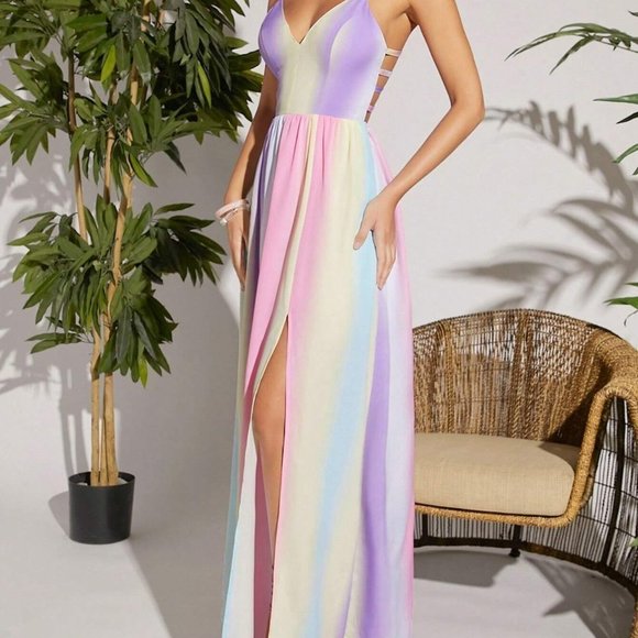 Multicolor Boho Womens Ombre Print Split Thigh Open Back Cami Dress - Picture 4 of 5